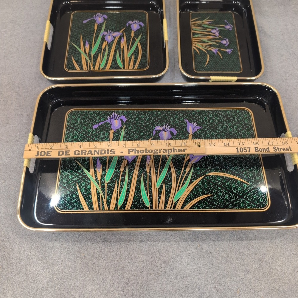 Vintage Japanese Style Black Lacquer Nesting Serving Trays Purple Iris Set of 3 - Picture 5 of 9